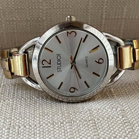 Studio Time Women Wristwatch Quartz Analog Watch Gold/Silver Tone Cuff Band - Picture 3 of 9